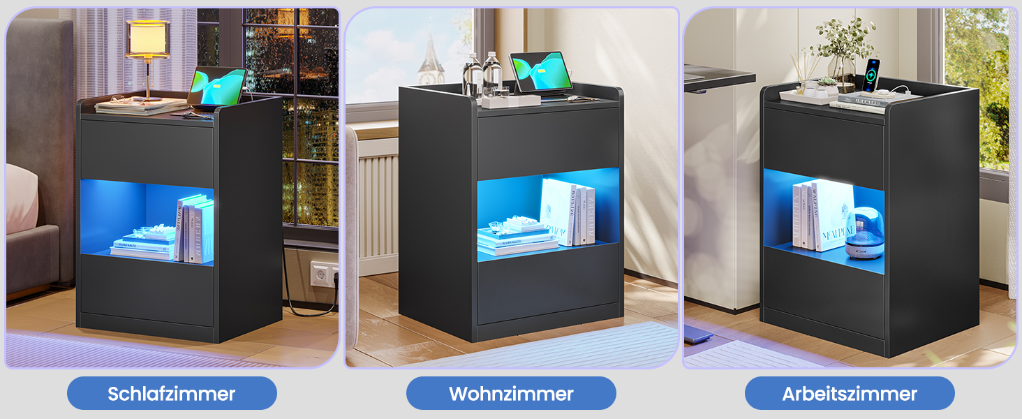 Нічний столик AOGLLATI з LED-підсвічуванням та зарядкою, з шухлядами та полицею, білий (40x35x60 см)