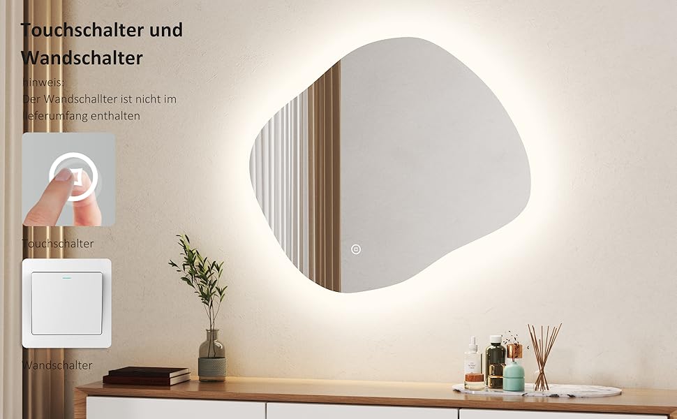 Асиметричне дзеркало для ванної кімнати Boromal з підсвічуванням 80x80 см LED, сенсорний вимикач, 3 кольори світла, регулювання яскравості