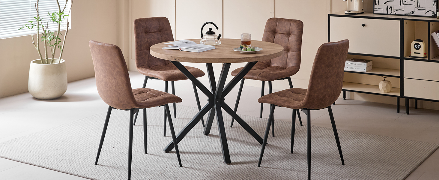 Обідній комплект на 5 персон: круглий стіл 100 см та 4 стільці (голландський фліс). Підходить для кухні, вітальні, балкону, ресторану, офісу. Темне дерево + світле дерево (темно-коричневий)