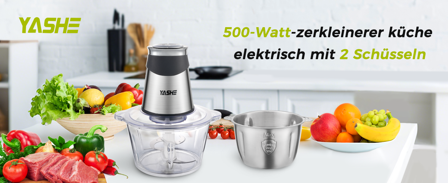 Подрібнювач продуктів YASHE 500W електричний з чашею 1.8л з нержавіючої сталі, міні-кухонний комбайн, чорний + нержавіюча сталь (2 чаші)