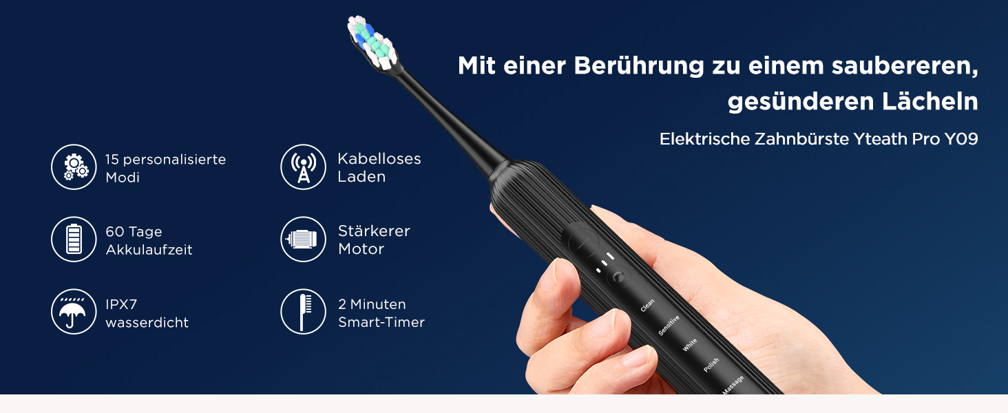 Електрична зубна щітка звукового типу для дорослих та дітей, 5 режимів чищення, 3 інтенсивності, таймер, 8 насадок, чорна, 1 шт.