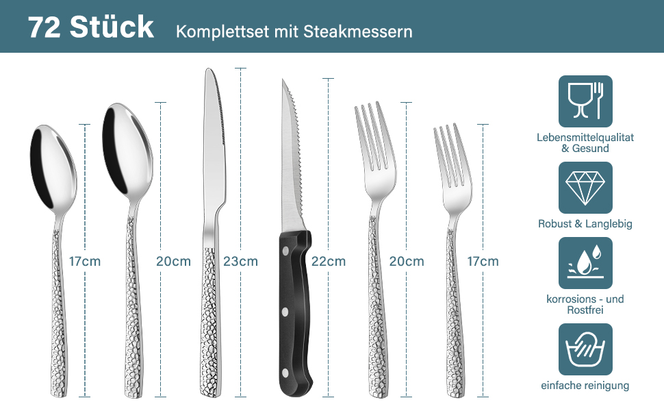 Набір столових приборів 72 шт. и, нержавіюча сталь, 12 персон, в т.ч. ніж для стейка, можна мити в посудомийній машині, з молотком