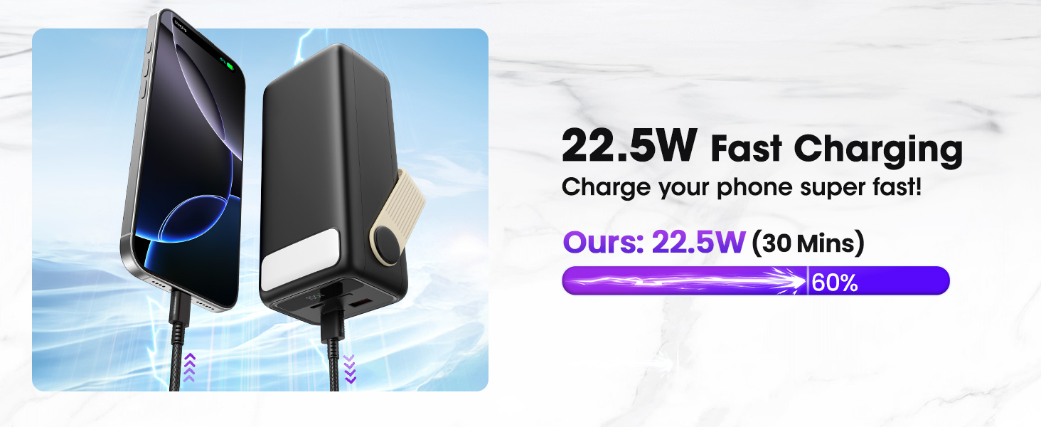 Power Bank 60000mAh Große Kapazität: Портативний акумулятор 60000mAh з USB-C, 3 виходи, 22.5W, для ноутбука, смартфона, планшета (Чорний)