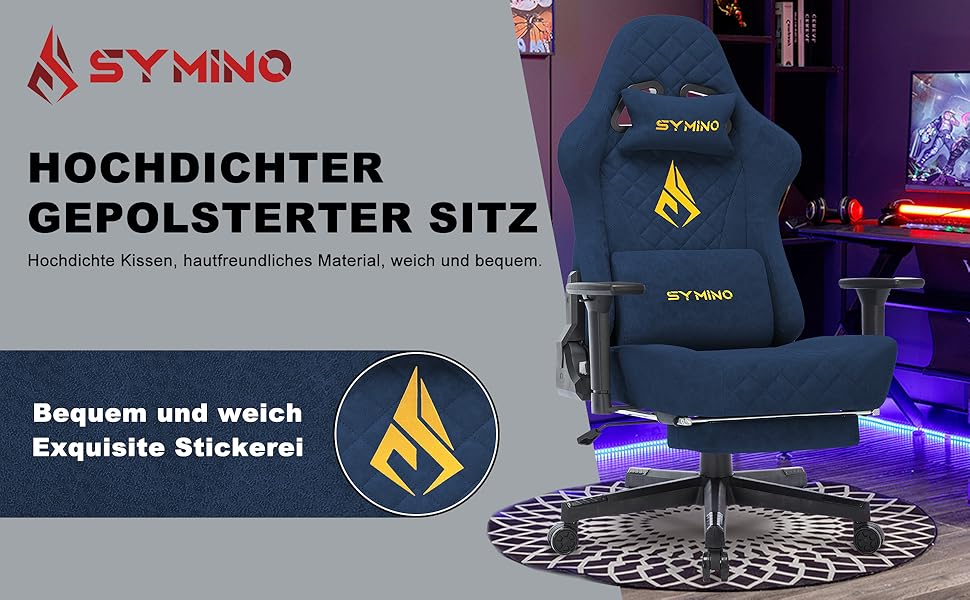 Ігровий крісло Symino, ергономічне, з дизайном гоночного авто, для ПК, вінтажне, з регульованою підніжкою, оббивка з PU-шкіри (блакитний)