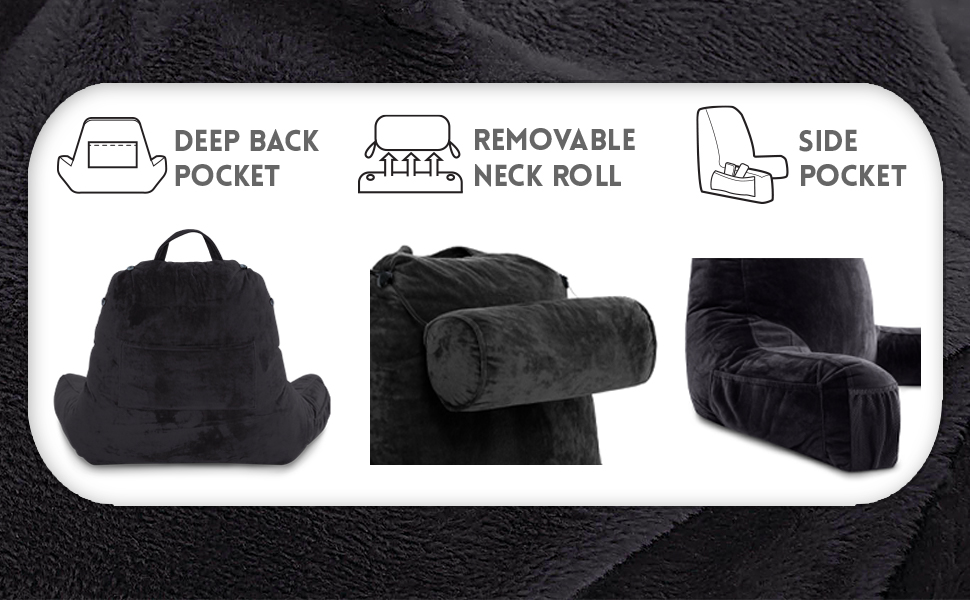 Подушка для чоловіків - сіра, велика, з підлокітниками для читання та відпочинку в ліжку - висока спинка з преміум-піною Memory, знімний валик для шиї на Bungee - середній розмір, оригінальна версія, чорний колір