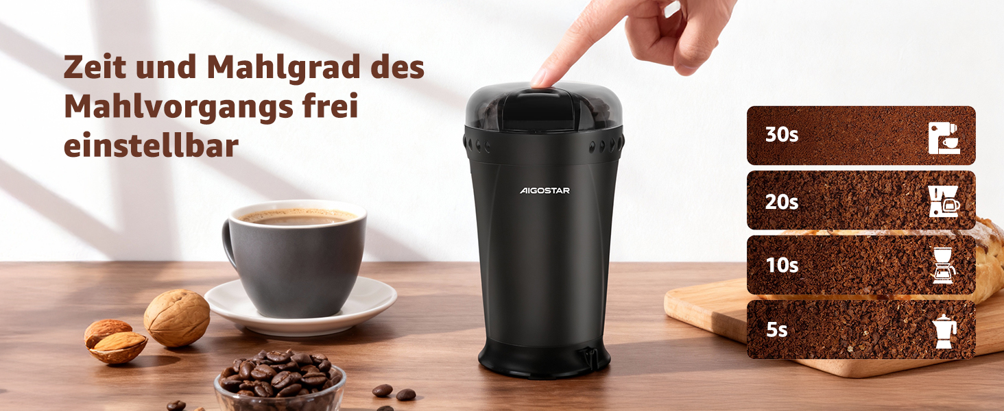 Кавомолка електрична Aigostar для кави, спецій та горіхів, нержавіюча сталь, 60г, 200 Вт, чорна (2 шт)