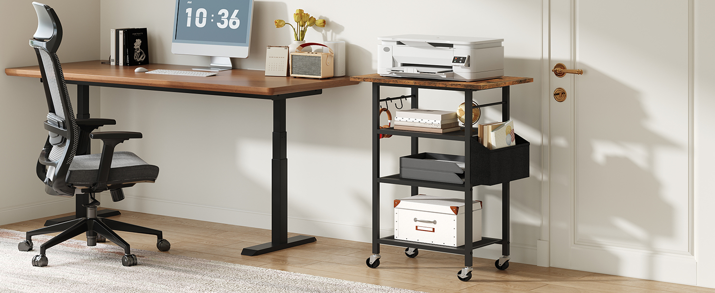 Трирівневий стіл для принтера, роликовий контейнер, стійка для принтера, полиця для зберігання, в індустріальному стилі, з бічною кишенею, дерев'яна полиця, 2 S-гачки, для домашнього офісу, рустикально-коричневий та чорний, APTHR2501 (50 x 40 x 81,5 см)