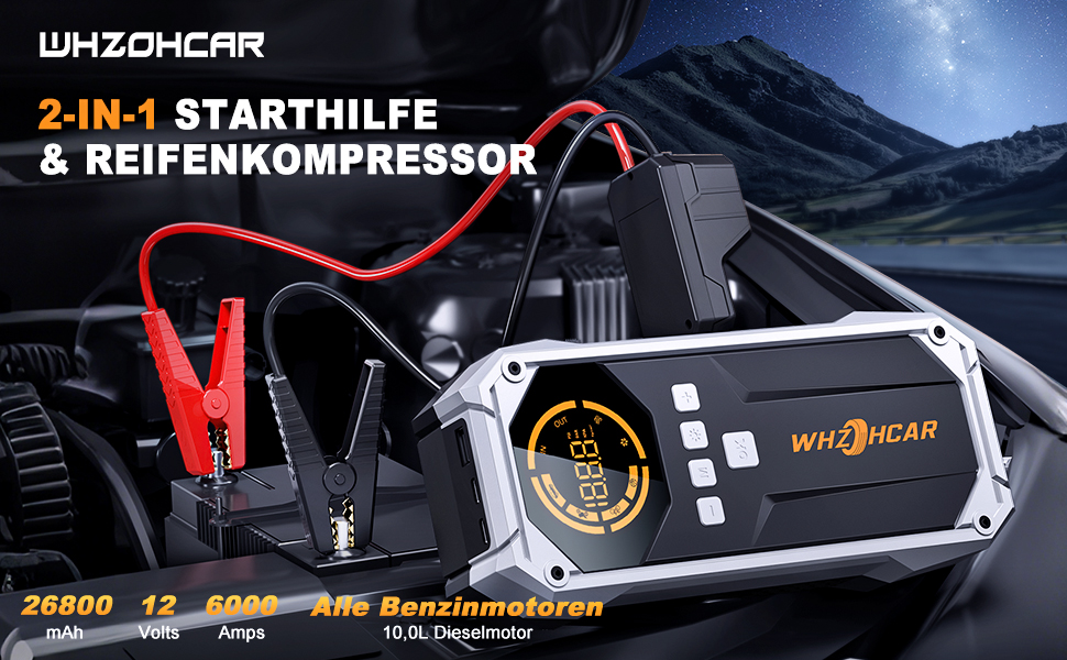 Powerbank Starthilfe 6000A з компресором та LED-ліхтарем: багатофункціональний пусковий пристрій для автомобіля (чорний)