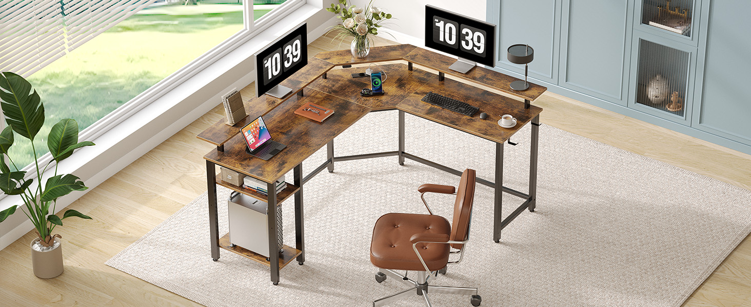 Комп'ютерний стіл Rolanstar L-подібний з RGB підсвічуванням та розетками, геймінговий стіл з полицею та 2 гачками, для офісу, робочого кабінету, спальні (117см) (Вінтажний коричневий, 137 x 77 x 87 см)