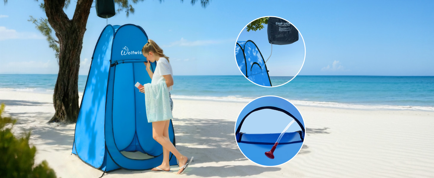 Складана душова кабіна-намет WolfWise для кемпінгу та переодягання, водонепроникний намет-туалет з UV-захистом, компактний та легкий (1,9м x 1м), синій