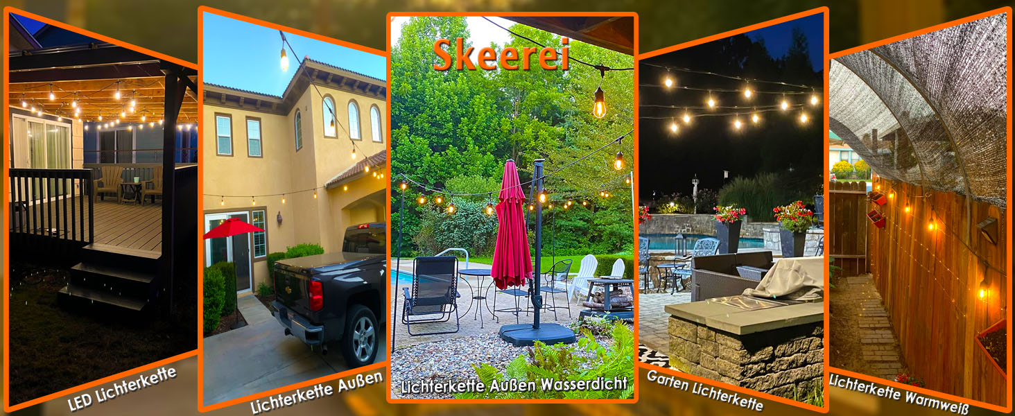 LED гірлянда 15 метрів для саду та тераси, водонепроникна IP65, 15+1 лампочки E27, тепле світло 2700K, для вечірок та свят [Енергоклас G]