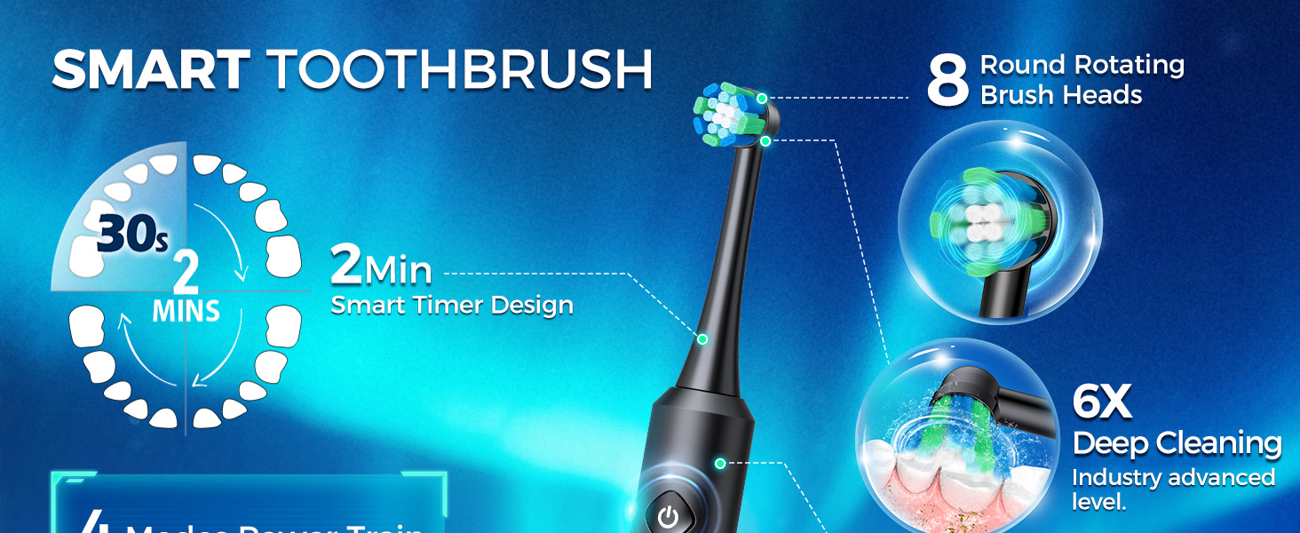 Електрична зубна щітка Rotierende для дорослих з 8 насадками, 4 режимами чищення, акумулятором на 60 днів та смарт-таймером 2 хв - професійна електрична зубна щітка (чорна)