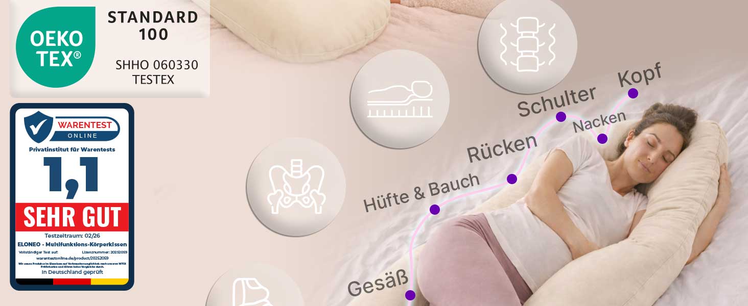 Подушка для вагітних ELONEO NEU для сну на боці, подушка для годування, XXL розмір, кремова, знімний чохол, подушка для читання, пральна