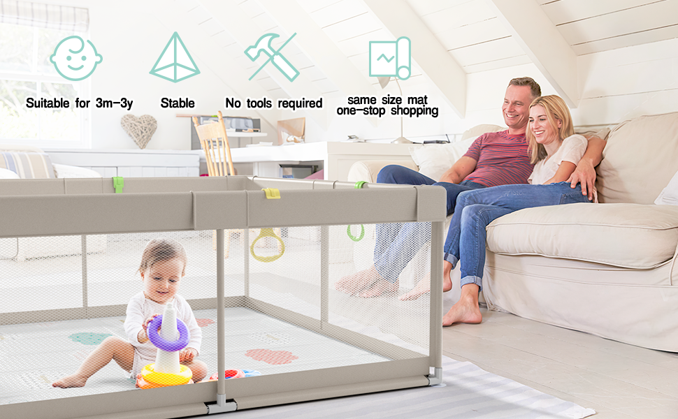 Дитячий манеж Uanlauo 150x150 см з ігровим килимком, XXL манеж для дітей, ігровий простір для малюків на вулиці та вдома, з дверцятами на блискавці та 4 тримачами, 150x150 см