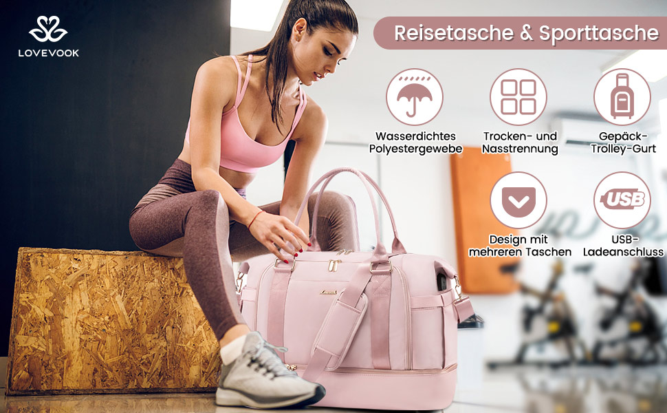 Спортивна сумка LOVEVOOK для подорожей, жіноча, 37L, рожева: Weekender, культ. сумка, відділення для взуття та мокрих речей