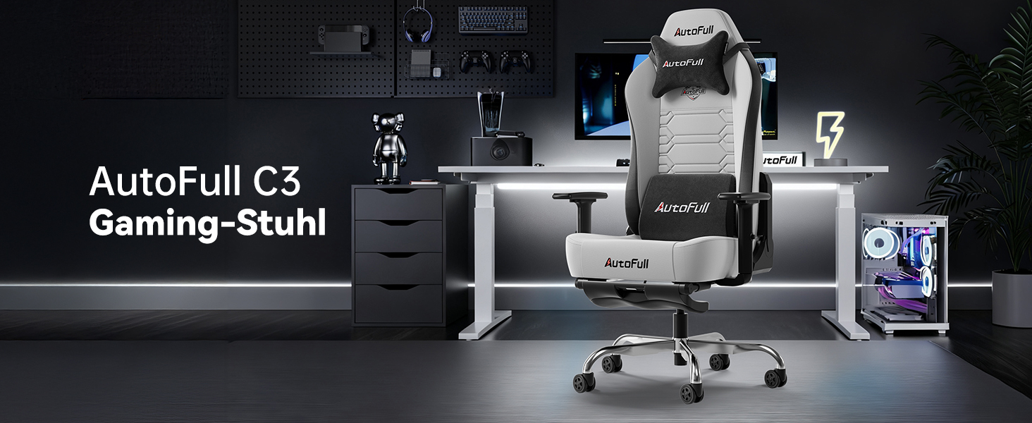 Ігровий крісло AutoFull C3 з ергономічною підтримкою спини | З регульованими підлокітниками, підставкою для ніг, подушками для голови та попереку | Макс. вага 150 кг | Сірий з тканинного покриття