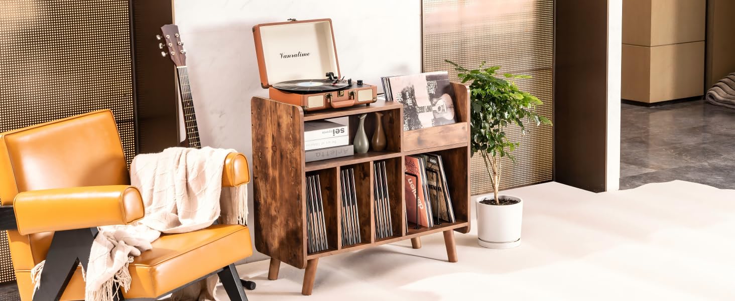 Стіл для програвача, стійка для програвача середини століття з місцем для зберігання до 350+ платівок, шафа для вінілових платівок з регульованими полицями, горіх