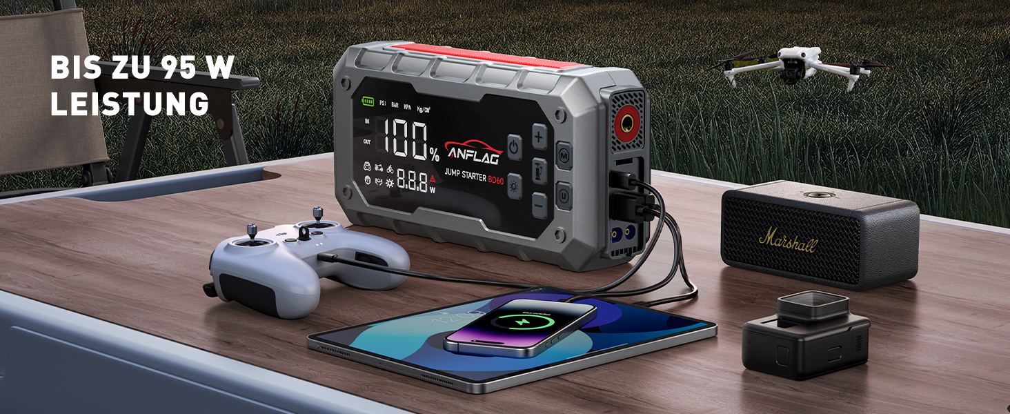 Powerbank для автомобіля ANFLAG 7000A з компресором 160PSI, 26800mAh, підтримка бензинових та дизельних двигунів (до 14.0L), PD65W, LED-ліхтар