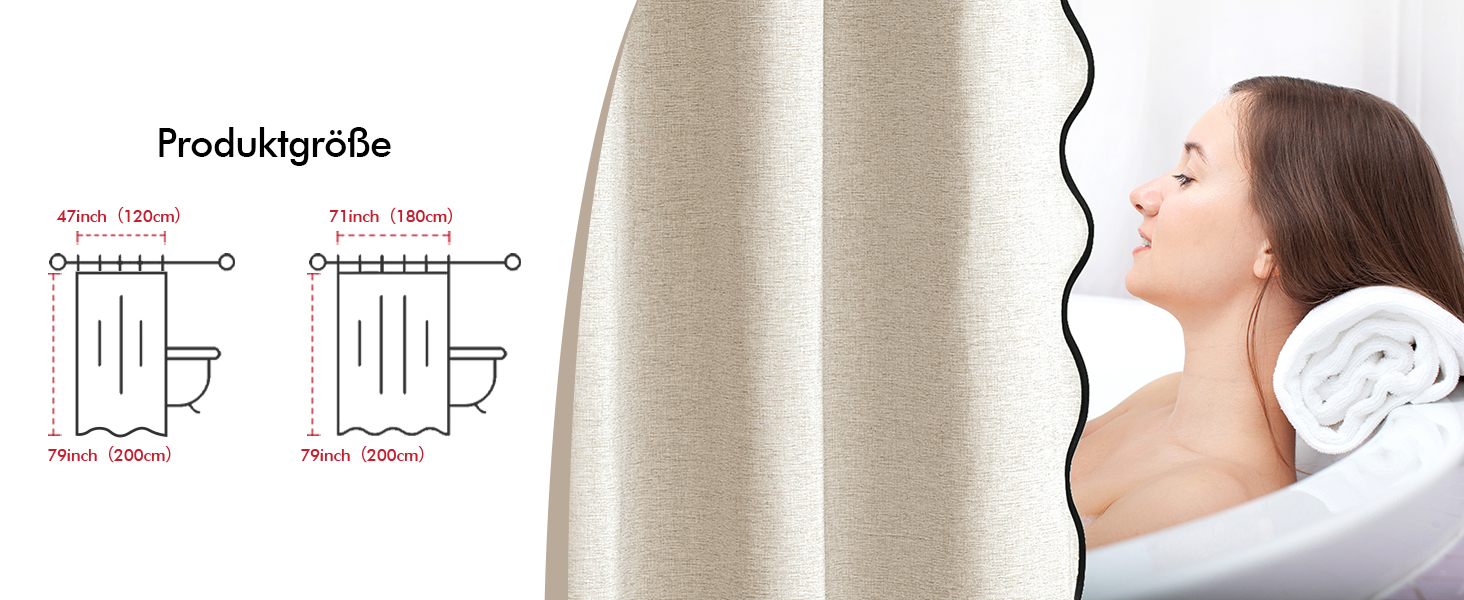 Шторка для душу MIULEE 120x200 см, льонова текстура, бежева, з чорною окантовкою, водонепроникна, антигрибкова, з 8 кільцями, для ванної кімнати