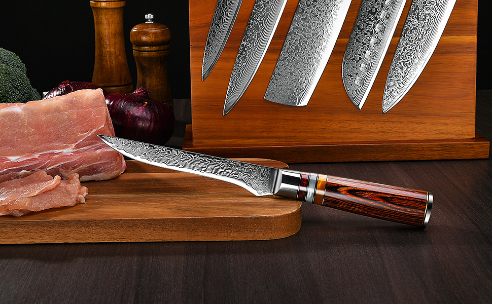 Японський кухонний ніж FANTECK Gyuto з дамаської сталі 67 шарів (20 см) з ручкою Pakkaholz. Професійний ніж для кухні, 5.5 дюймів. У подарунковій коробці.