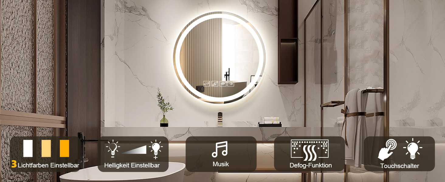 Круглий дзеркало для ванної кімнати з підсвічуванням, 60 см, LED, Bluetooth, сенсорне управління, регулювання кольору (3000K-6500K), диммування, HD-загартоване скло, 600x600 мм