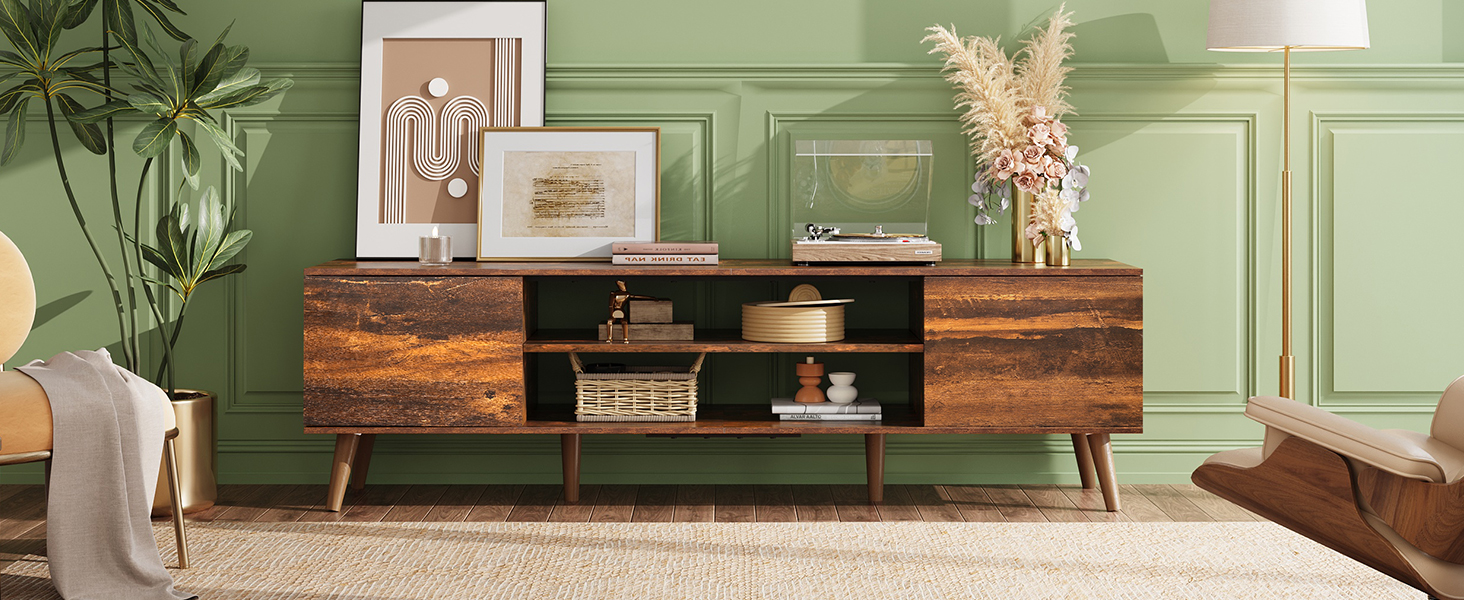 Тумба під телевізор WLIVE 160x40x47 см з двома дверцятами та відкритими полицями, вітальня, спальня, вінтажний коричнево-чорний