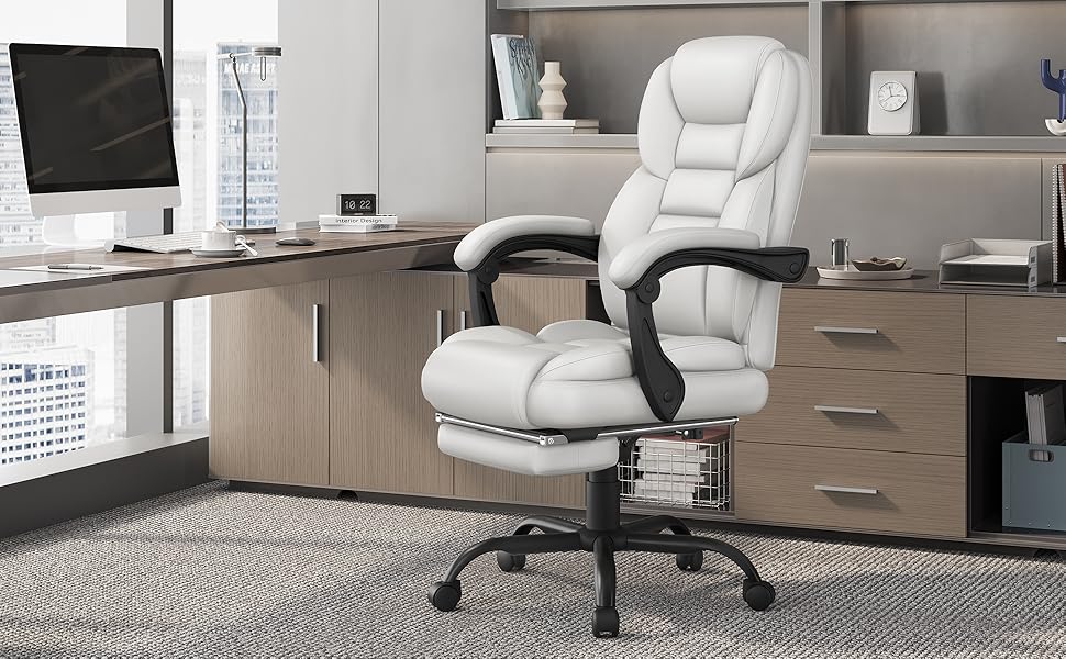 Ергономічне крісло Yaheetech для офісу, для начальника з підставкою для ніг, регульовані підлокітники, комп'ютерне крісло з високою спинкою, біле