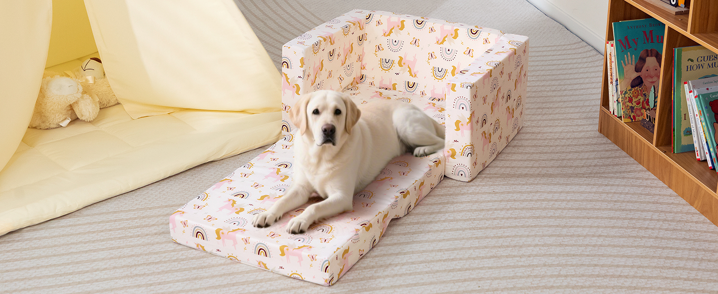 Дитяче розкладне диван-крісло BEJOY 2 в 1, Sherpa, з єдинорогом, бежевий, для дитячої кімнати, подарунок на день народження