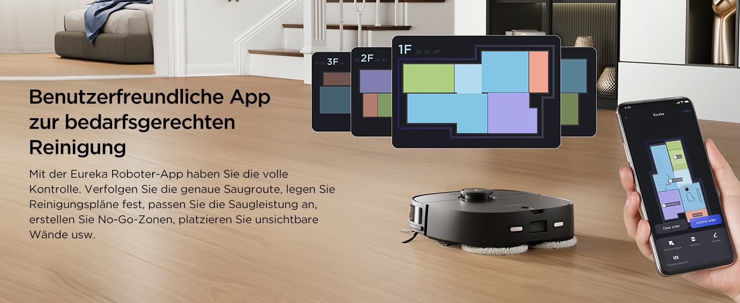 Робот-пилосос EUREKA J12 Ultra з функцією миття підлоги (самостійне очищення, миття та сушка), потужність всмоктування 5000Pa, обертова функція миття, Dual-LiDAR навігація, 3D уникнення перешкод, білий (чорний)