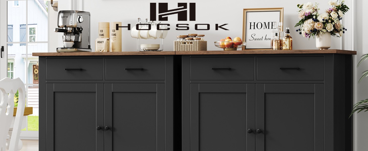 Кухонна шафа HOCSOK з робочою поверхнею, буфет з 2 шухлядами та 2 дверцятами, для кухні, вітальні, їдальні, передпокою, дерево, стиль кантрі, білий (чорний)