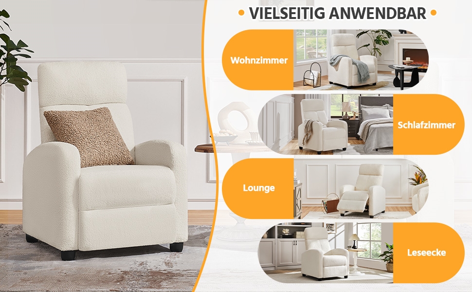 Крісло-релакс Yaheetech з регульованою підніжкою, крісло для телевізора, крісло-ліжак з тканини Boucle, колір слонова кістка