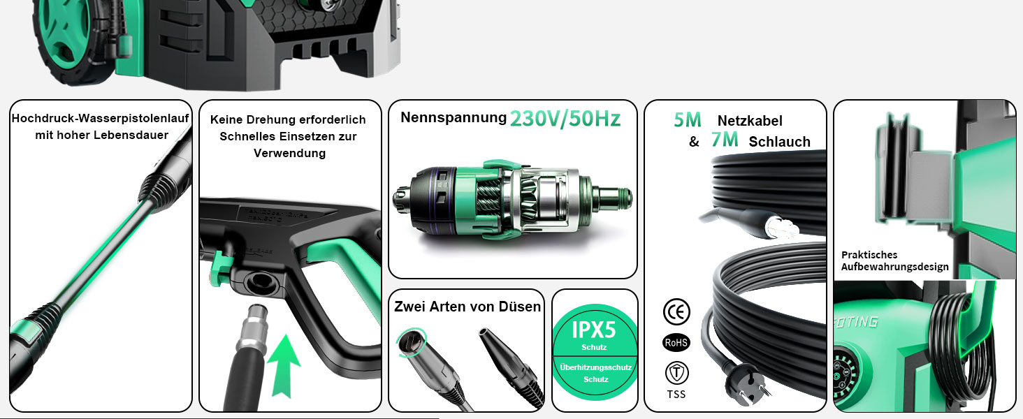 Високотискний мийник 2026 Neu 180 бар, 6-в-1 насадка, 420 л/год, 50 м²/год, економія води, з піноплавником 500 мл та барабаном для шланга (33x32x86 см, блакитний)