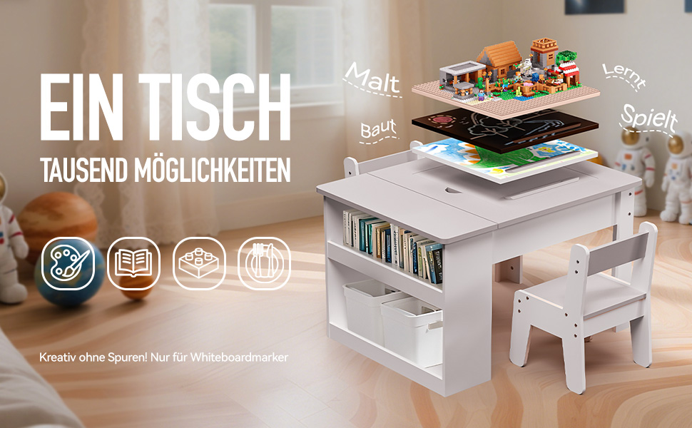 Дитячий столик з двома стільцями Kinderkraft, багатофункціональний: ігри, малювання, читання, 4 змінних панелей, регульований та безпечний, з місцем для зберігання, до 60 кг, від 3 років