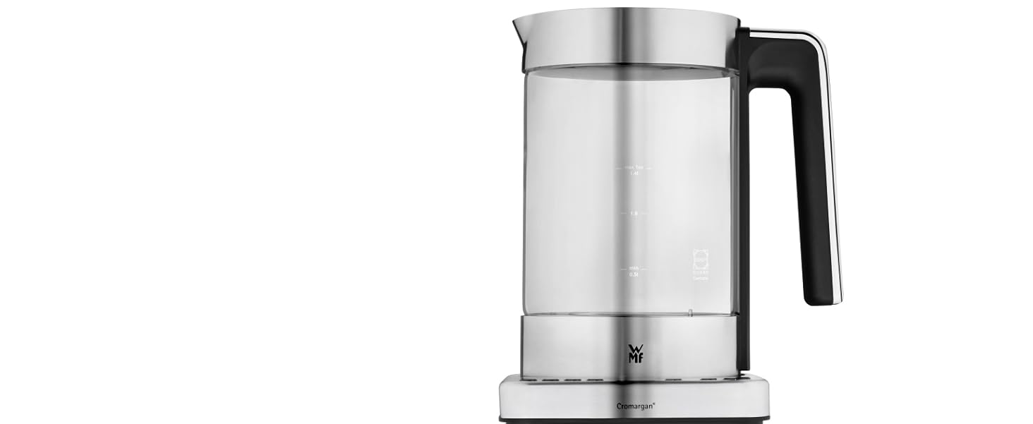 Електричний чайник WMF Lono Silk 1.6 л з нержавіючої сталі, з фільтром від накипу, бездротовий, з поворотним підставою, антифнгер, відкривання однією рукою, зовнішній індикатор рівня води (1.4л - 1.7л)