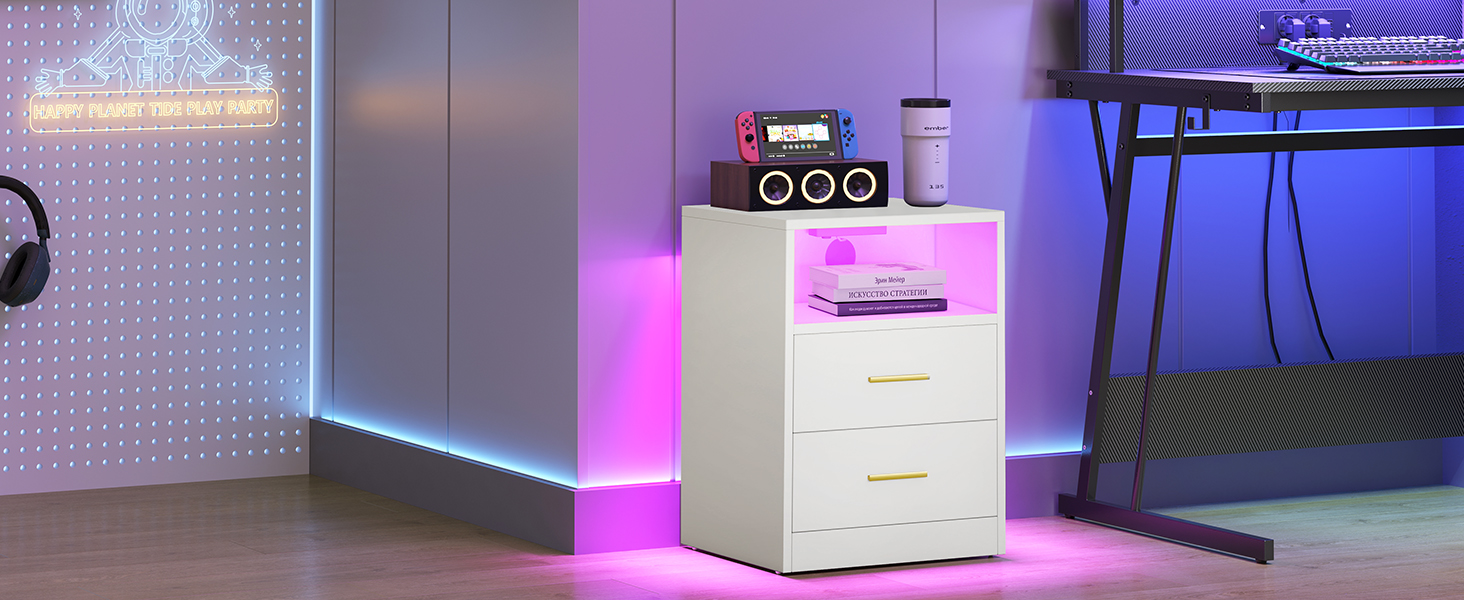 VASAGLE Custos: Набір з 2 тумбочок з LED-підсвіткою та зарядкою, білий, з шухлядами та USB-портами