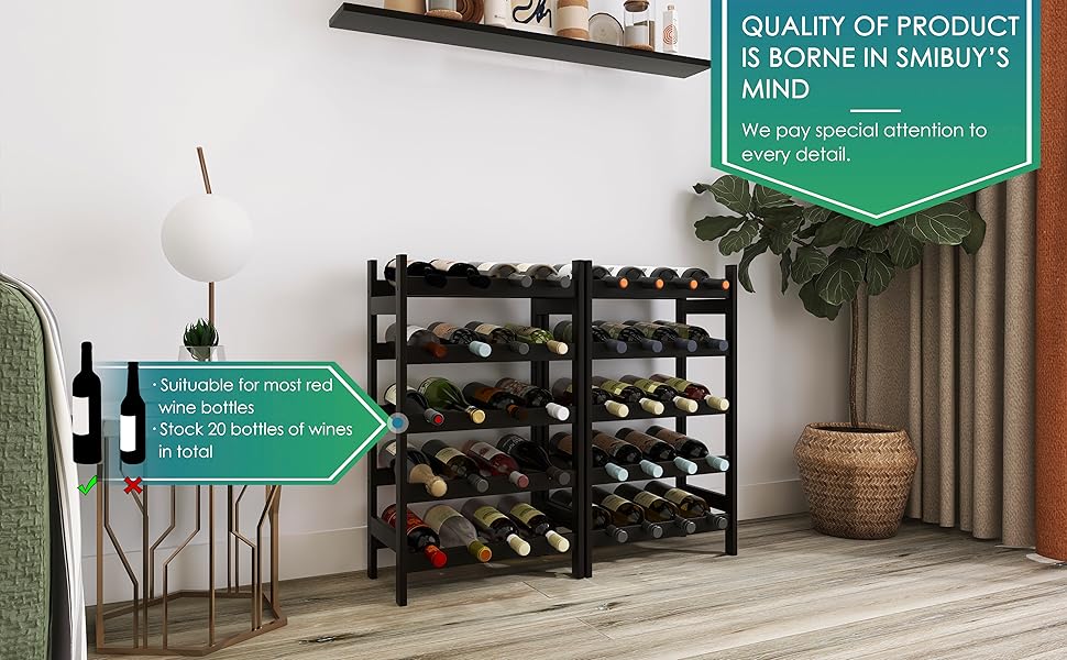 Стильна полиця для вина SMIBUY з бамбука на 20 пляшок, 5-ярусна, чорного кольору