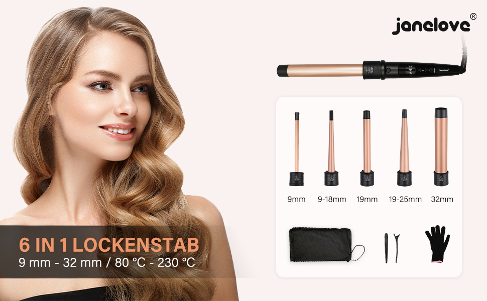 Набір для завивки волосся Janelove 5 в 1 - локони 10-32 мм, кераміка, регулювання температури, рукавички, чохол (рожеве золото)