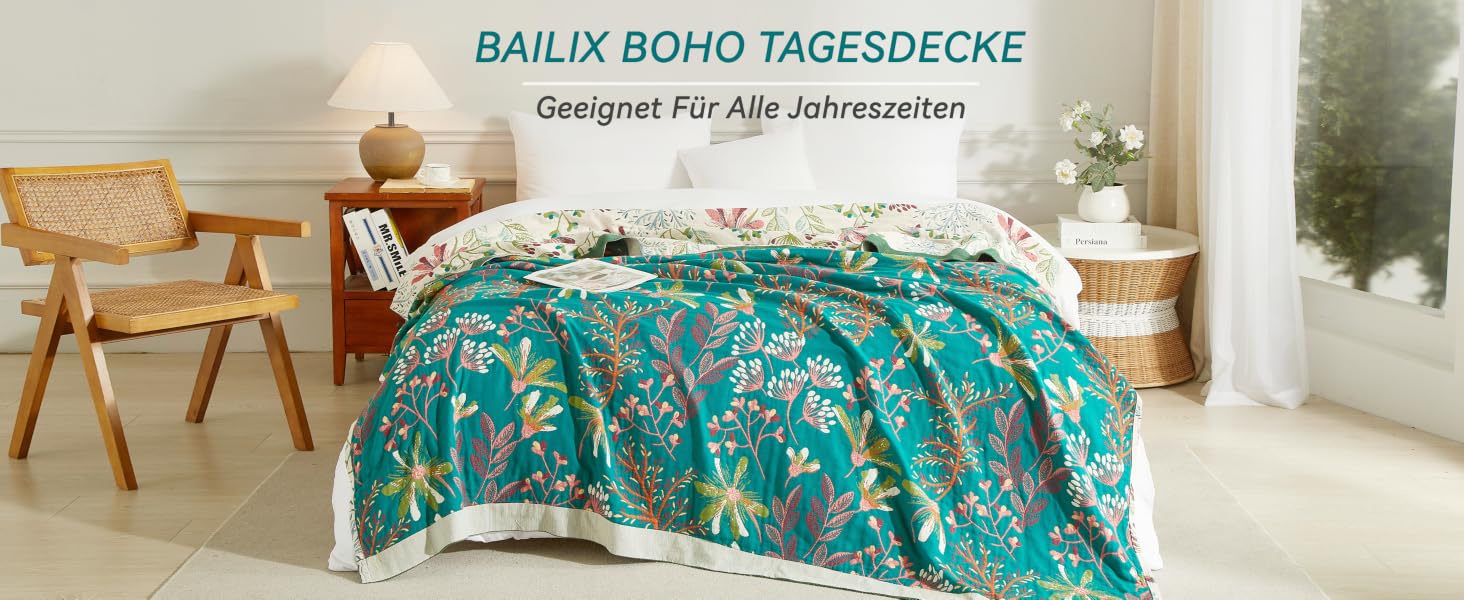 Покривало Bailix Premium Boho з 100% бавовни, двостороння муслінова ковдра 150x200 см, плед для дивана та ліжка в стилі пэчворк, смарагдово-бежевий