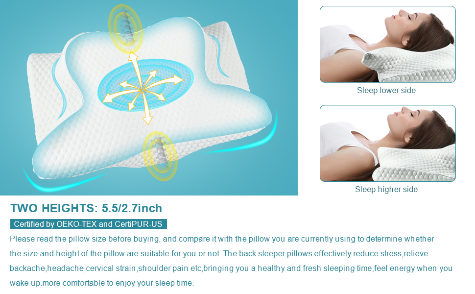 Ортопедична подушка GOXIFACA з Memory Foam, для шиї та спини, для тих, хто спить на боці, покращує якість сну, 60*35*10/12 см, блакитна