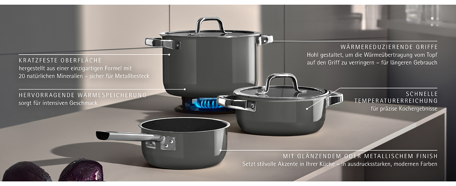 Набір каструль WMF Fusiontec 4 шт, нержавіюча сталь, індукція, для всіх плит, чорний (16/20/24 см) - Made in Germany
