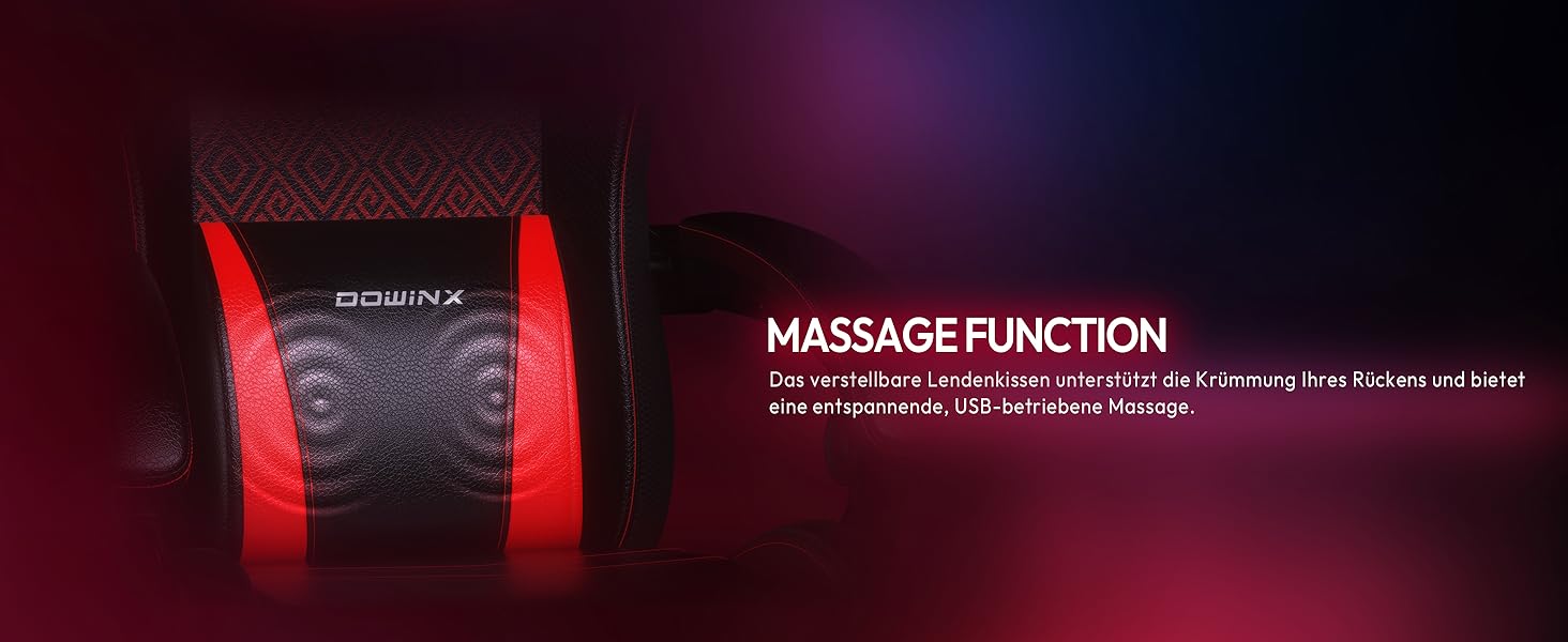 Ігровий крісло Dowinx з RGB підсвічуванням, LED, з підніжкою, для дорослих, ергономічний, з масажем попереку, PU шкіра, білий (червоний)