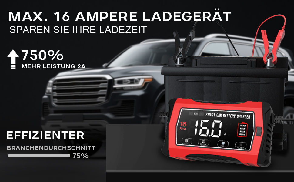 Зарядний пристрій для акумулятора 12V/24V Haisito: Швидка зарядка AGM, Gel, MF, EFB, SLA, VRLA (16A)