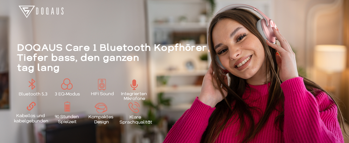 Накладні навушники DOQAUS Bluetooth, 90 годин, 3 режими еквалайзера, HiFi стерео, складні, мікрофон, рожеве золото