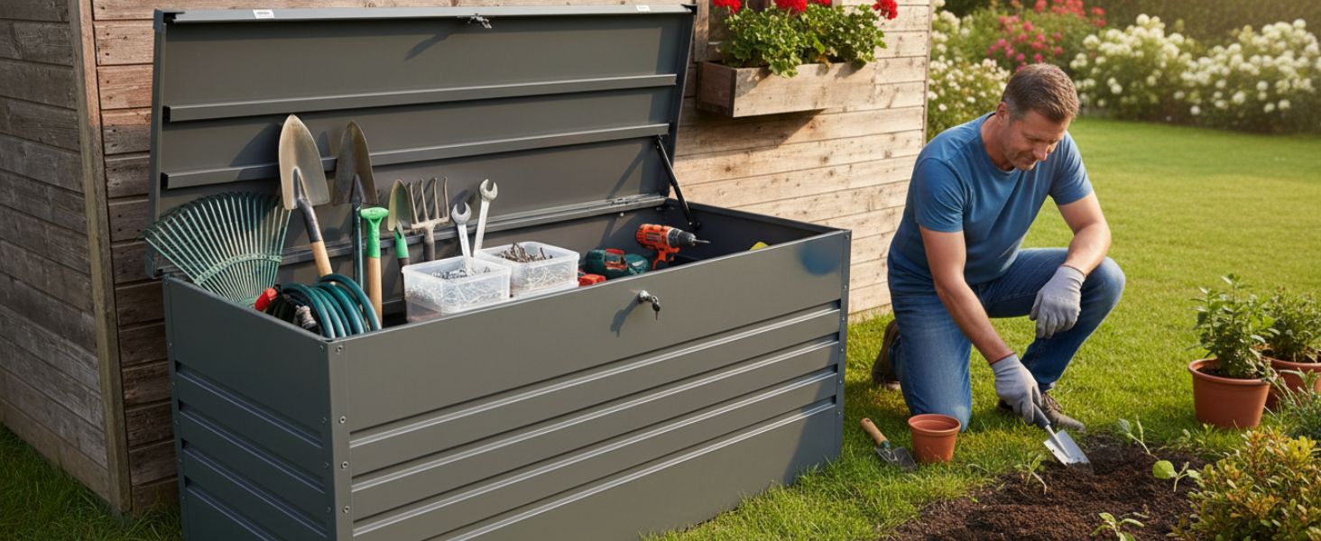 Універсальний садовий ящик-скриня Columba 490 л з кришкою - вуличний шафа, лавка зі зберіганням, контейнер для подушок, садовий будиночок, ящик для інструментів - чорний