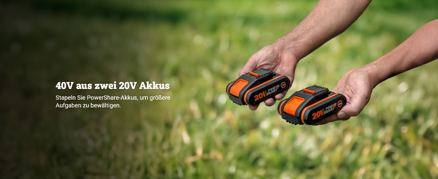 WORX WG737E акумуляторний газонокосарка Nitro 40V (2x20V) - безщітковий двигун, ширина зрізу 37 см, 6 рівнів висоти зрізу (20-70 мм), 40л травозбірник, 2x4Ah акумулятори та подвійний зарядний пристрій, без приводного колеса