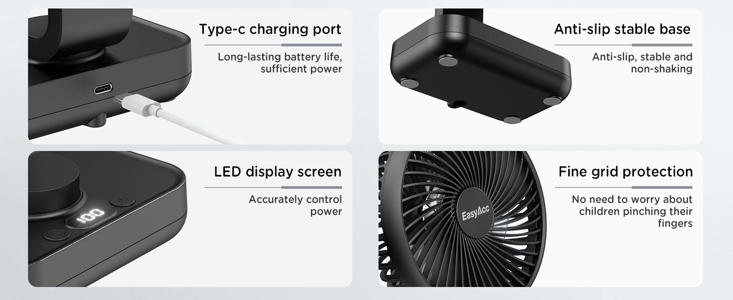 EasyAcc Настільний вентилятор з акумулятором, USB, автоматичне обертання, 4 швидкості, портативний для офісу, дому, бібліотеки, кемпінгу - Чорний