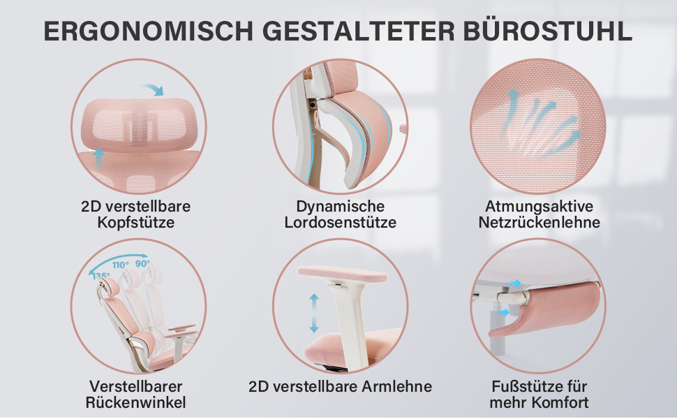 Ергономічне крісло для офісу з підніжкою, висока спинка, 2D-підголівник, відкидні підлокітники, сидіння з губки, сітчастий крісло для офісу, крісло для начальника, комп'ютерне крісло для дорослих (рожеве)