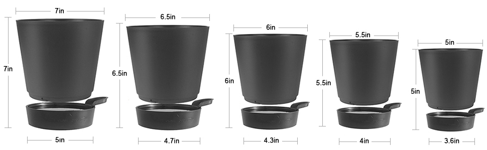 5 горщиків з пластику з системою поливу, 17.8/16.5/15.2/13.9/12.7 см. Самополивні горщики з підставкою, круглі, для квітів, сукулентів, кактусів, зелені та чорні, для дому, балкона та саду.