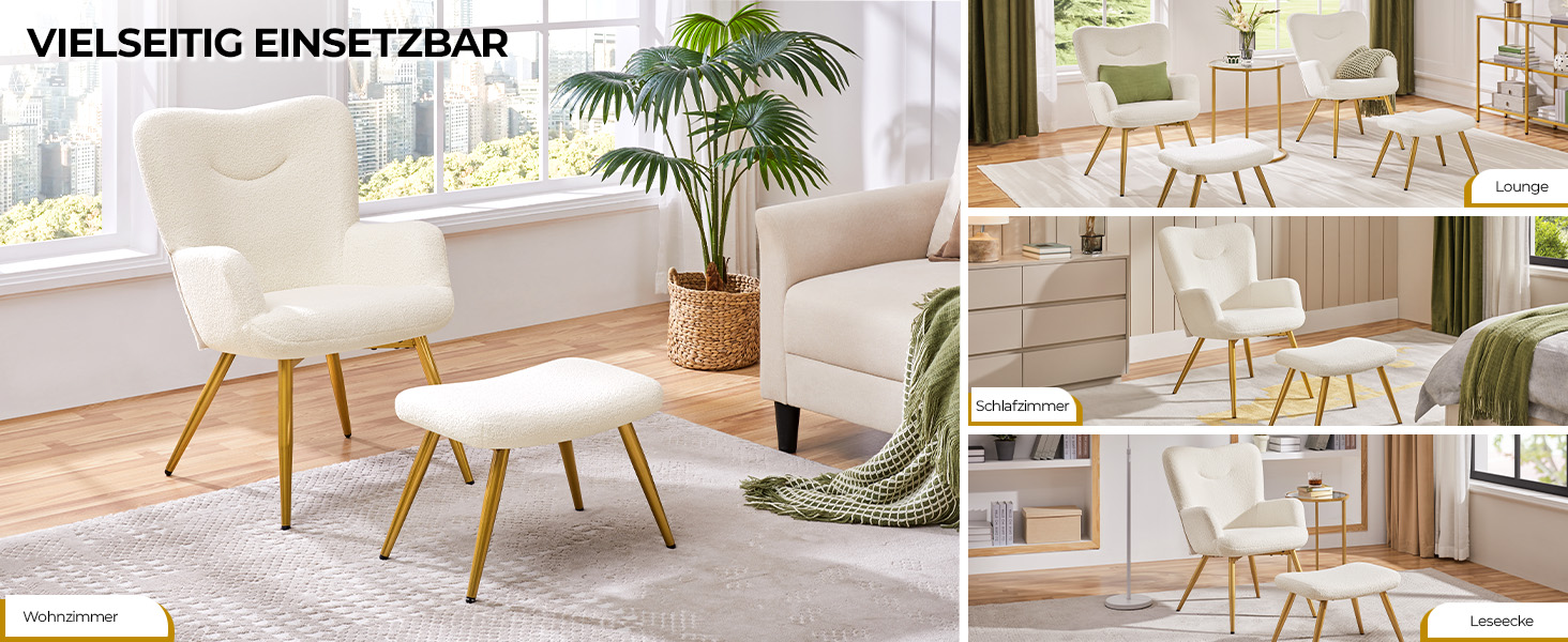 Крісло-навушник Yaheetech з пуфом з тканини Boucle, крісло для відпочинку з підставкою для ніг, розкладне крісло для вітальні/спальні, колір слонова кістка