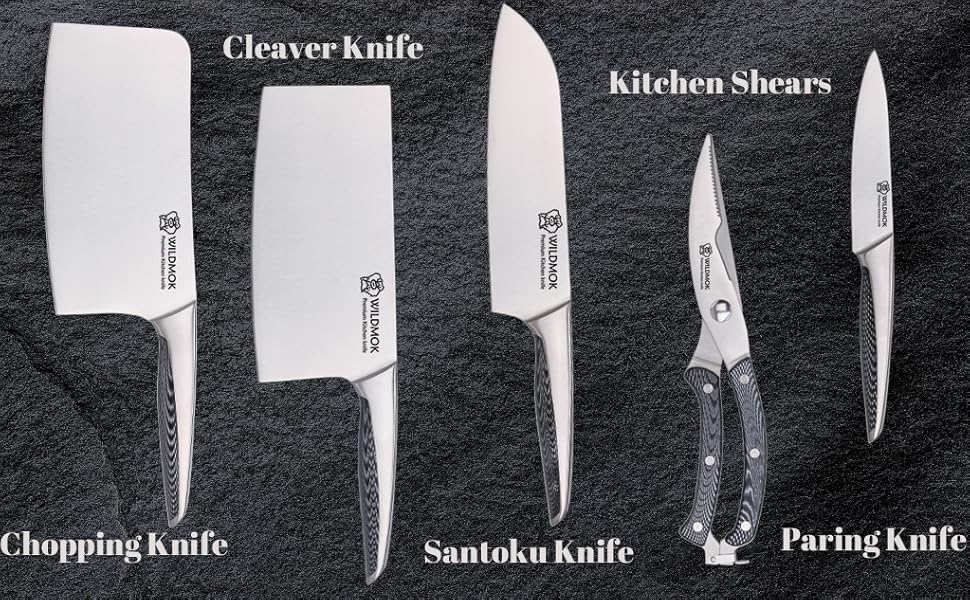 Набір кухонних ножів WILDMOK 6 предметів з блоком. Ультрагострі ножі з нержавіючої сталі з ABS-ручкою. Азіатський набір ножів для кухні